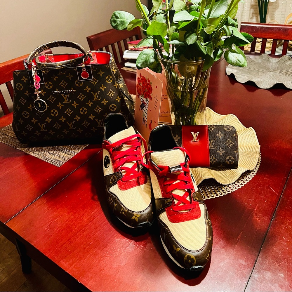 LV brand handbag, matching wallet, and shoes